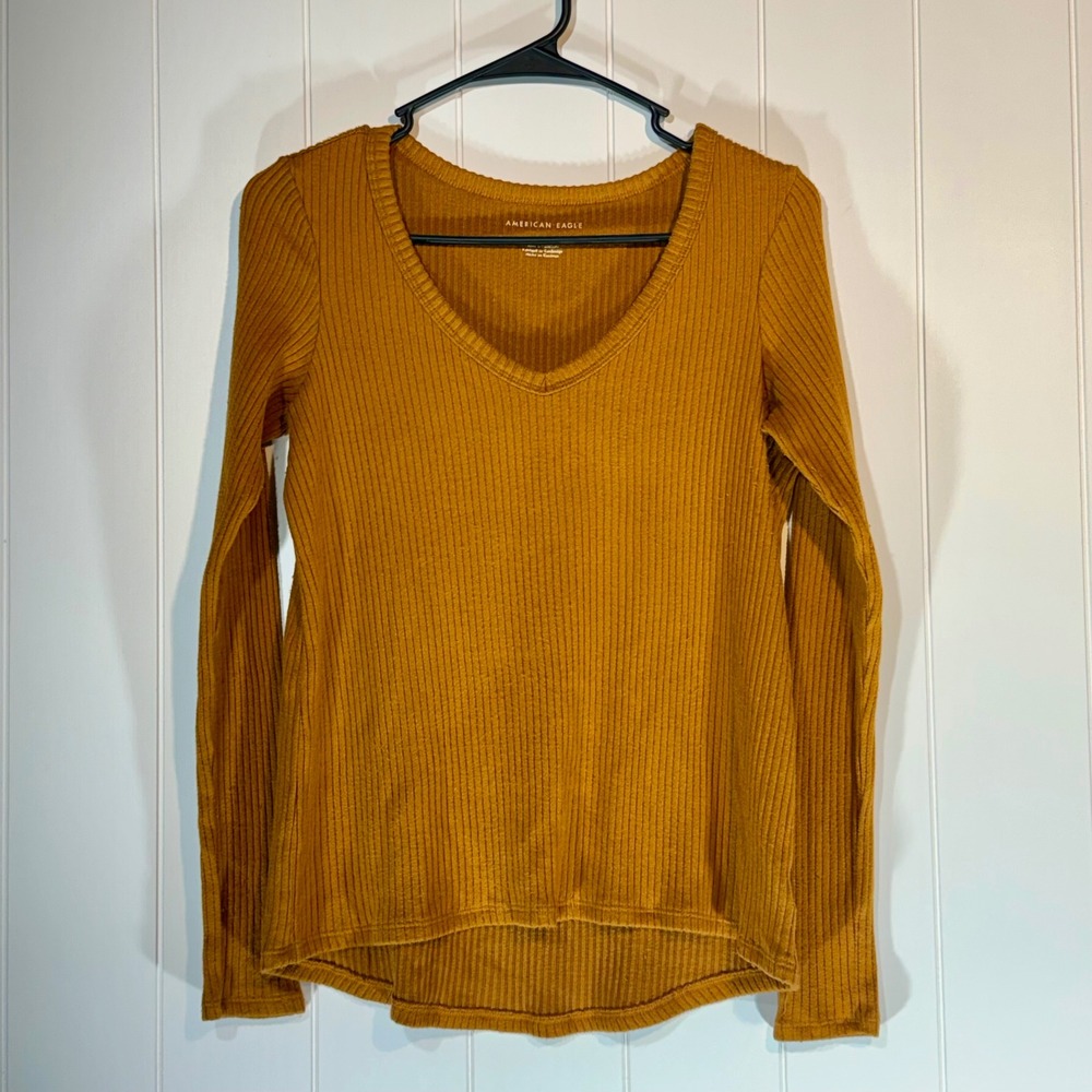 American Eagle Women Mustard Yellow Ribbed V-Neck Long Sleeve Top XS High Low